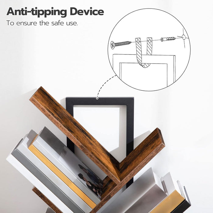 Tree Bookshelf, 9-Tier Bookcase Wooden Shelves, Floor Standing Storage Rack, for Display of Cds, Books in Living Room, Home Office, Wood Storage Rack for Bedroom, Rustic Brown BF08SJ01G1