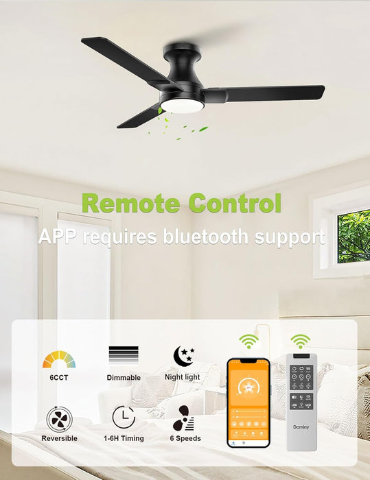 42 Inch Ceiling Fans with Lights,3 Blades,6Cct, Low Profile Ceiling Fan with Light and Remote Control,Ceiling Fan for Bedroom, Kitchen,Indoor/Outdoor Use,Flush Mount-Black