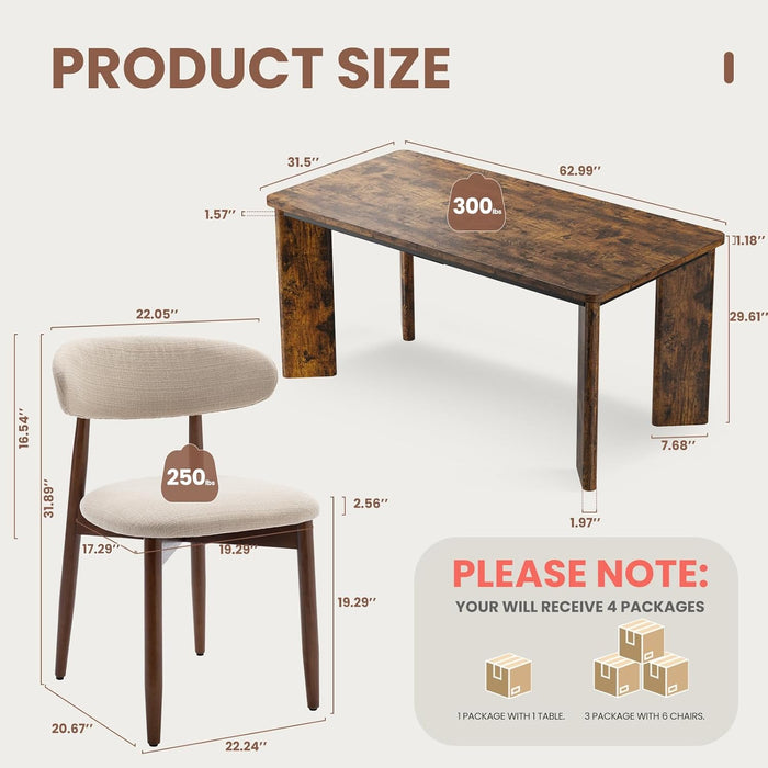 7-Piece Rectangular Dining Table Set for 6, 63" Industrial Kitchen Table with 6 Wooden Upholstered Dinner Chairs for Dining Room, Kitchen, Living Room, Brown+Beige