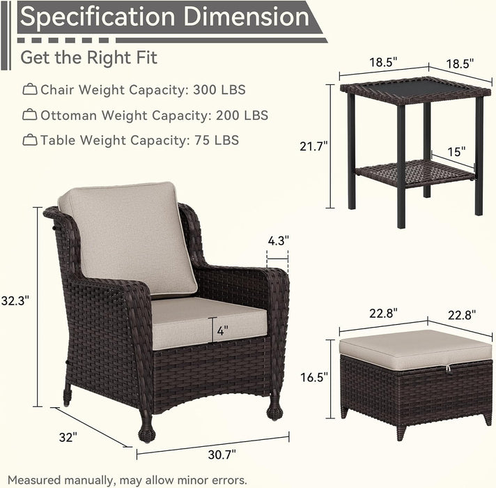 5 Pieces Patio Furniture Set with 2 Ottomans, 1 Side Table and 2 Outdoor Chairs Patio Conversation Set with 4" Removable Seat Cushions and Wide Armrest for Garden, Backyard, Porch (Beige)