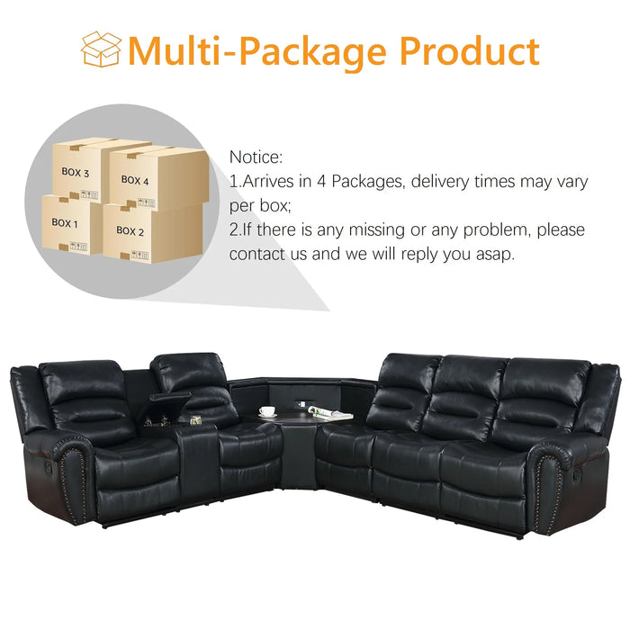 PU Leather Sectional Sofa Set, Reclining Couch for Living Room with Cup Holders, Love Seat with Wedge Wood Table, 5 Seater Theater Seating with Storage, Jet Black