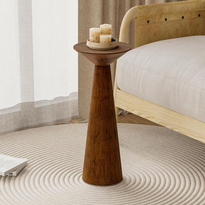 22.8” Tall round Martini End Table, Walnut – Solid Pine Wood Pedestal Accent Drink Stand with Tapered Base – Farmhouse Modern Furniture for Living Room, Bedroom & Small Spaces