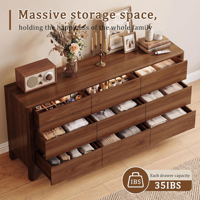 Walnut Dresser for Bedroom, 63" Mid-Century 9 Drawer Dresser with Wide Drawers and Wood Legs, Curved Edge Design, Modern Large Dressers & Chests of Drawers for Bedroom, Hallway.
