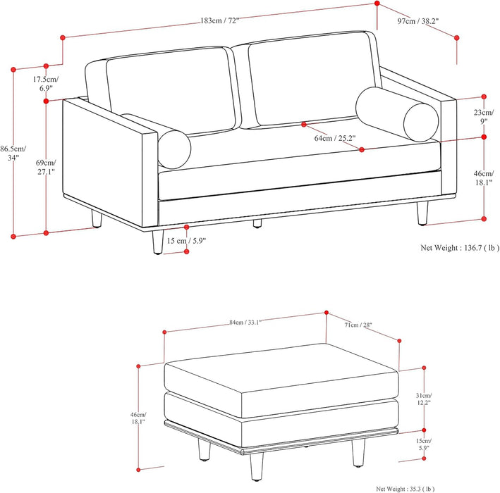 Morrison Mid-Century Modern 72 Inch Wide Sofa with Ottoman Set in Mist Grey Woven-Blend Fabric for the Living Room and Family Room