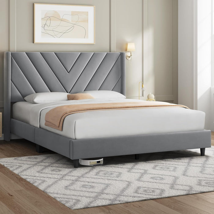 Queen Bed Frame with Chevron Channel-Tufted Headboard, Light Grey