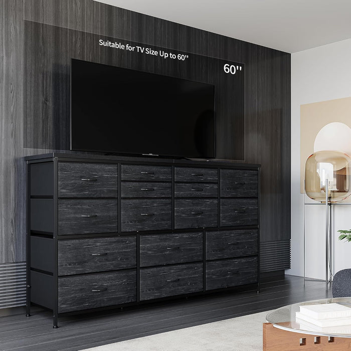 16 Drawer TV Stand Black Dresser 51"W for 60" TV – Long Dresser with 3 Power Outlets & 2 Ports, 374 LBS Load-Bearing Capacity, Space Saving Entertainment Center for Small Bedroom, Dorm, Living Room