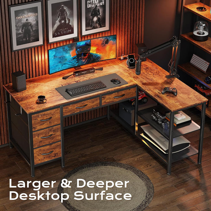 47 Inch L Shaped Desk with Power Outlets, 5 Fabric Drawers