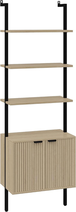 73" Tall Bookshelf with Cabinet, Industrial Ladder Wall Mount Shelf Bookcase with Wood and Metal Frame, Plant Shelf Wall Storage Display for Living Room Bedroom, Wavy Light Ivory