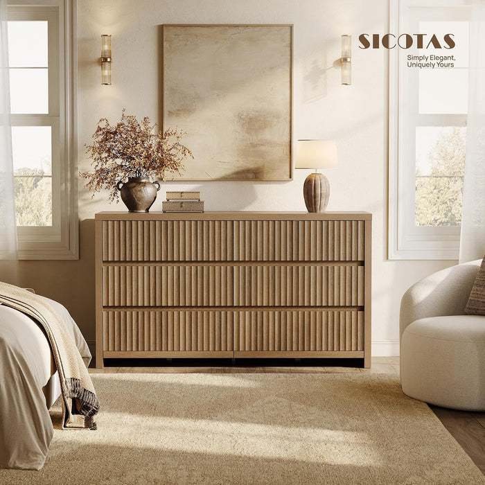 Fluted 6 Drawer Dresser for Bedroom– 55.2''W Large Chest of Drawers