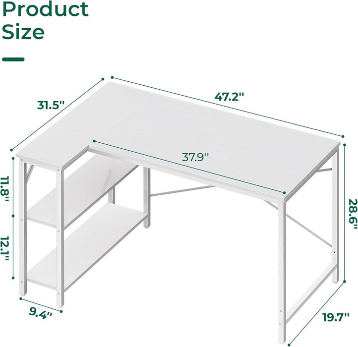 L Shaped Desk, 47 Inches Computer Desk with Reversible Storage Shelves, Gaming Desk, Corner Desk Home Office Desks, Writing Desk Study Desk with Metal Frame, White