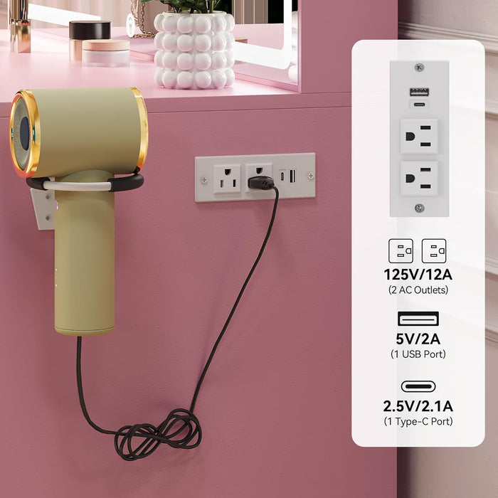 Makeup Vanity Table with 3 Light Modes, 4 Storage Drawers, Built-In Power Outlets & Hairdryer Holder, Makeup Table with Cushioned Stool