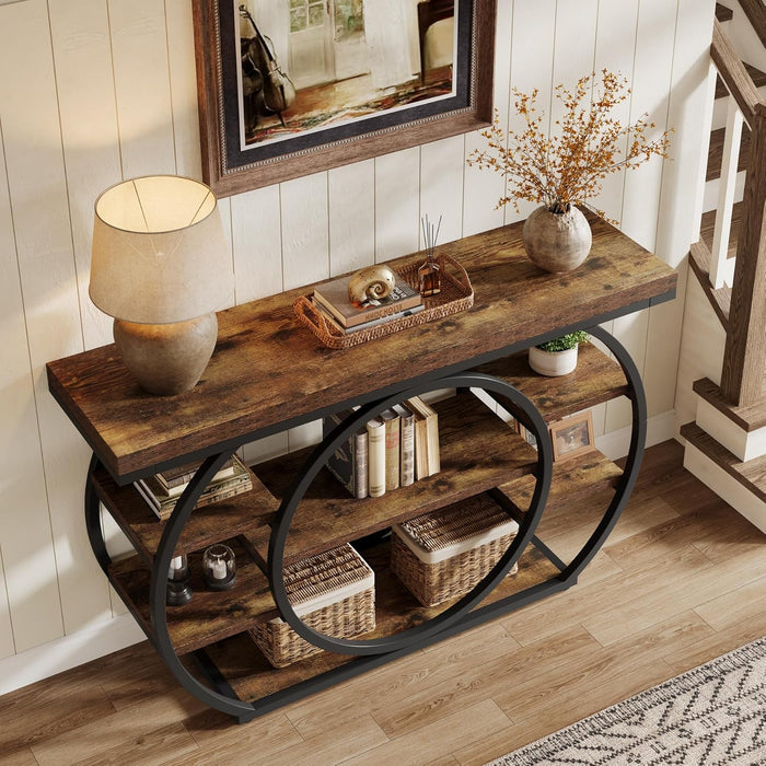 47” Console Table, Industrial 5-Tier Entryway Table with Metal Frame, Narrow Console Sofa Table for Living Room, Hallway, Rustic Brown