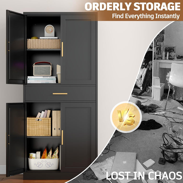 SeventyOneInchHeavyDutySteelStorageCabinetDrawerAdjustableShelvesBlack