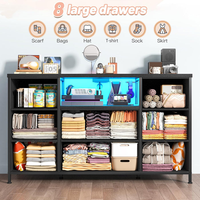 Black Dresser for Bedroom with LED Lights & Charging Station,  for Bedroom with 8 Drawer for 55 Inch TV, Fabric Dressers & Chests of Drawers with Open Shelves for Hallway Entryway