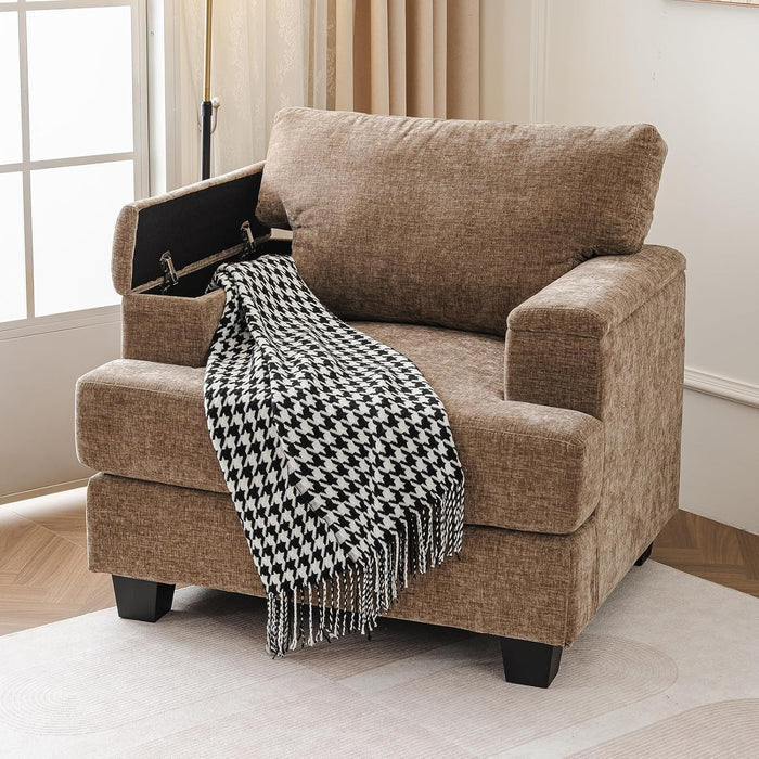 Oversized Brown Armchair With Armrest Organizer Cushion