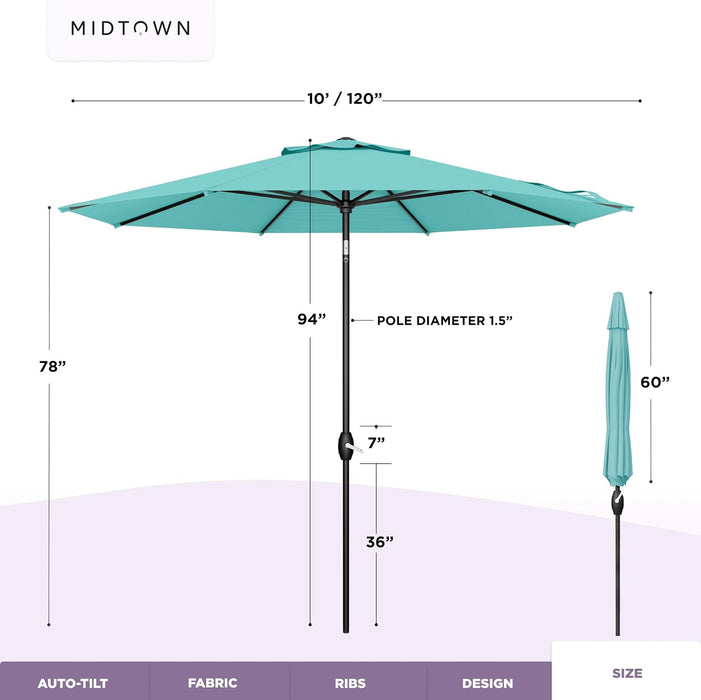 - the Lean 10 Ft Patio Umbrella with Fade-Resistant Sunbrella Fabric, Auto-Tilt Aluminum Frame and 8 Reinforced Ribs for Deck, Pool & Garden - Canvas Glacier Canopy, Black Pole