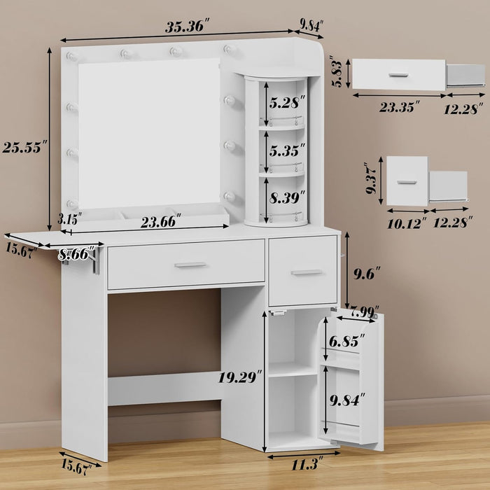 Vanity Desk with Rotating Jewelry Organizers, Makeup Vanity for Girls and Teens, Dressing Table with USB-C Charging Station, Makeup Table with Mirror and Lights, Dressing Room, White