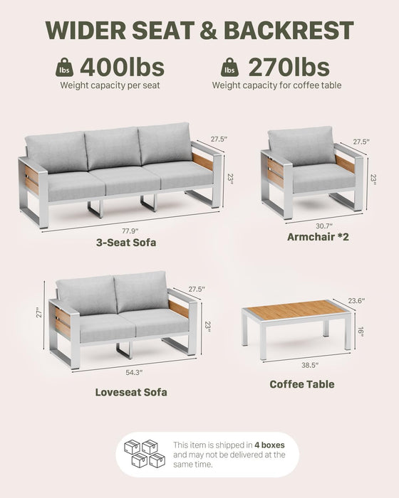 Aluminum Outdoor Patio Furniture Set with Coffee Table, 2 Seats Patio Conversation Sets with Washable Thick Cushions, Outdoor Sectional for Porch, Backyard, Deck, Garden & Poolside, Silver