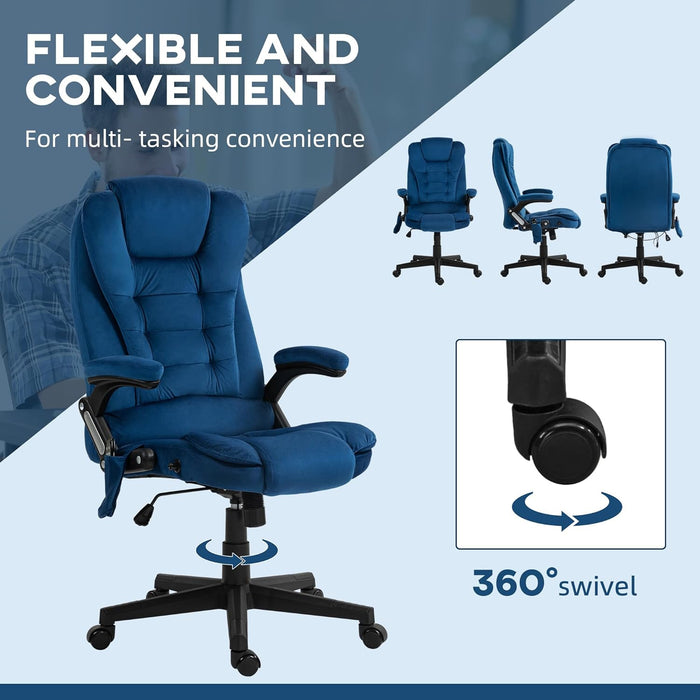 6 Point Vibrating Massage Office Chair with Heat, Velvet High Back Executive Office Chair with Reclining Backrest, Padded Armrests and Remote, Drak Blue