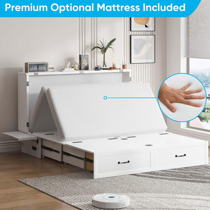 Murphy Bed, Queen Size Cabinet Bed with USB Ports & 2 Large Drawers, Hidden Guest Beds with Tri-Folding Mattress, Multifunctional Adult Murphy Cube Beds for Guest Room Bedroom Offices, White