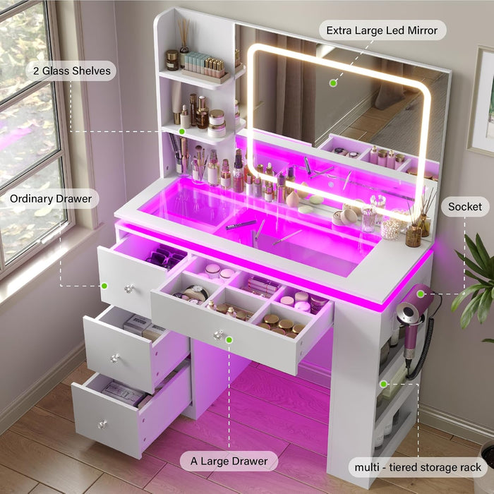 White Vanity Desk with Illuminated Mirror & Power Outlet, Bedroom Dresser LED Mirror Stepless Dimmable & 3 Color Modes Adjustable RGB Drawers, for Women Girls Bedroom, Pure White
