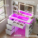 White Vanity Desk with Illuminated Mirror & Power Outlet, Bedroom Dresser LED Mirror Stepless Dimmable & 3 Color Modes Adjustable RGB Drawers, for Women Girls Bedroom, Pure White