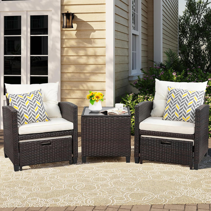 Patio Chair with Ottoman, 5 Pieces Patio Furniture Set Small Balcony Furniture, Rattan Patio Chairs Set of 2 with Glass Table for Front Porch Garden (Beige)