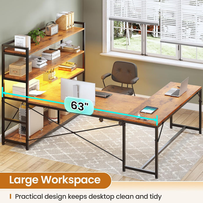 L Shaped Desk with Storage Shelves, 63” Reversible U Shaped Office Desk, Gaming Desk with Power Outlet and LED Lights for Home Office, Rustic Brown