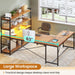 L Shaped Desk with Storage Shelves, 63” Reversible U Shaped Office Desk, Gaming Desk with Power Outlet and LED Lights for Home Office, Rustic Brown