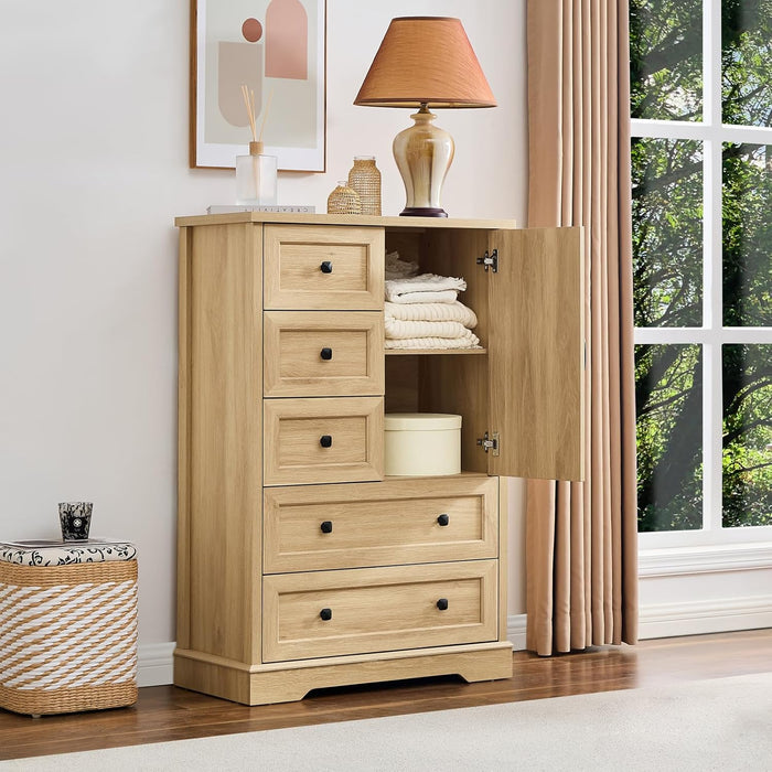Dresser for Bedroom, Farmhouse Dresser with 5 Wooden Drawers and Storage Cabinet, 48 Inches Tall Chest of Drawers for Bedroom, Natural Oak