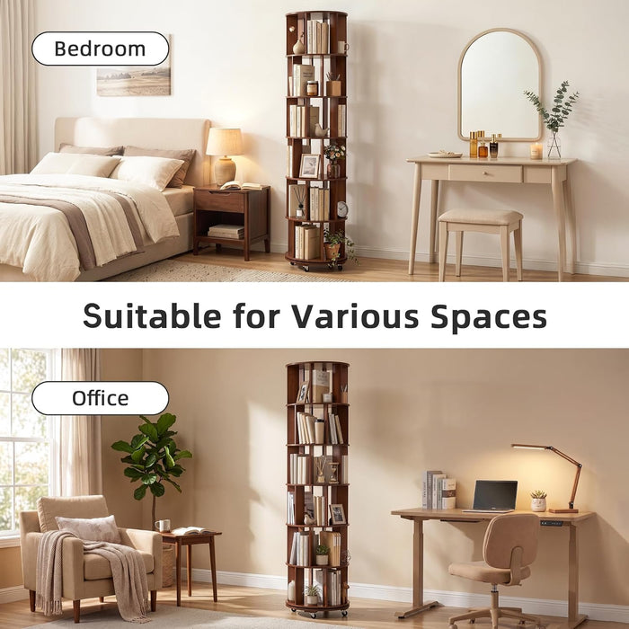 6-Tier Solid Wood Rotating Bookshelf on Wheels for Small Spaces