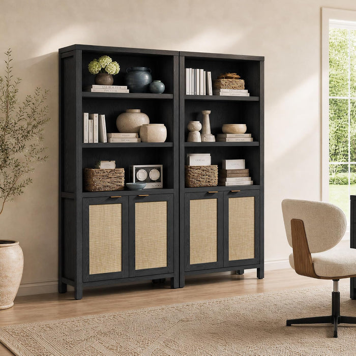 71" Tall Bookcase 5 Tier Rattan Bookshelf with Doors for Library | Farmhouse Storage Book Shelf with Adjustable Shelves Large Book Case Bookshelves for Living Room Home Office Bedroom Kitchen