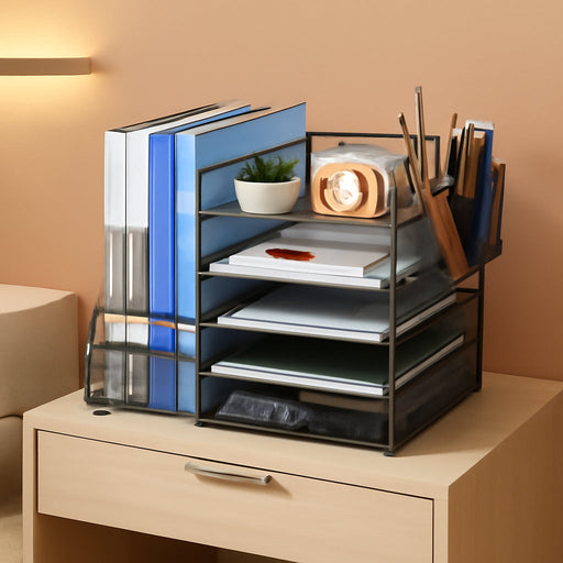 Desk Organizer with File Holder, 5-Tier Paper Letter Tray Organizer with Drawer and 2 Pen Holder, Mesh Desktop Organizer and Storage with Magazine Holder for Office Supplies (Grey)