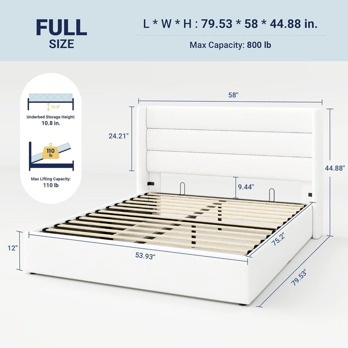 Full Size Velvet Lift up Storage Bed, Modern Wingback Headboard, Hydraulic Support, No Box Spring Needed, White
