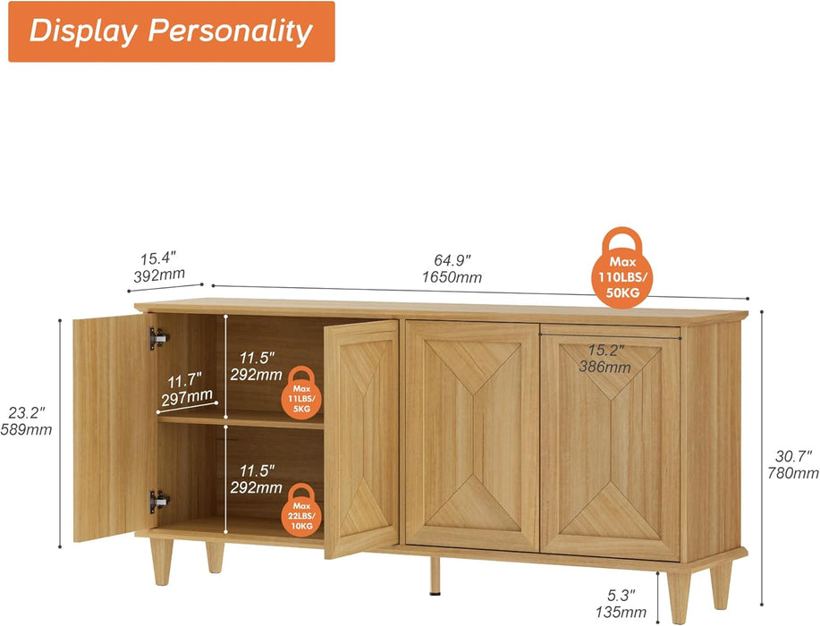 65" Modern Farmhouse TV Stand with Handcrafted Patchwork Doors for 55-75" Tvs, Entertainment Center Console with Cable Management, Adjustable Shelves Storage for Living Room, Natural Oak