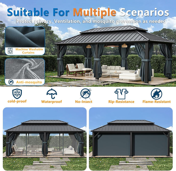 12x20 Hardtop Gazebo ReinforcedFrame PrivacyCurtains Black