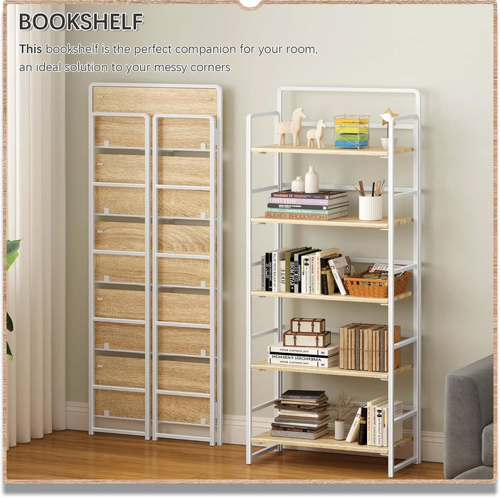 No Assembly 5 Tiers Folding Bookshelf Storage Shelves Vintage Bookcase Standing Racks Study Organizer Home Office (Natural White)