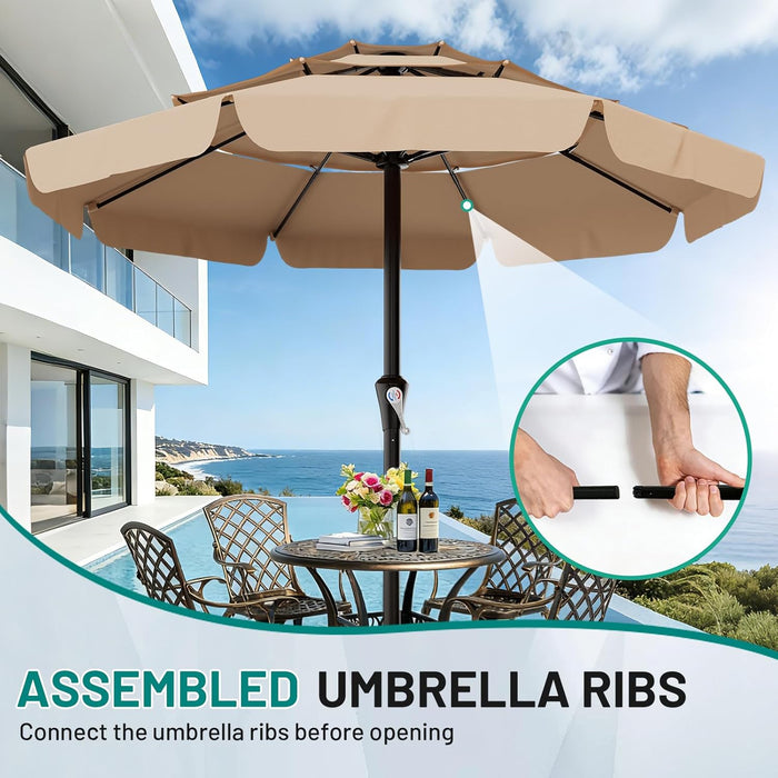 11FT 3-Tiers Patio Umbrella with Valance, Outdoor with Crank, Large Outdoor Market Umbrellas Vented with 8 Sturdy Ribs, Patio Table Umbrellas for Garden, Deck, Backyard, Pool, Beige