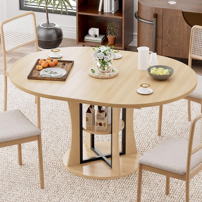 Extendable round Dining Table for 4-6-8, 43.3-59In Expandable Dining Table with Storage Shelf, Space Saving Circle Oval Kitchen Table with Leaf for Dining Room, Natural Oak