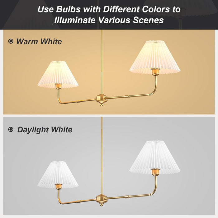Gold Linear Chandelier, 2-Light Modern Chandelier for Dining Room Light Fixture, Dining Light Fixtures with White Fabric Shade Pendant Lights Kitchen Island for Restaurant, Living Room, Bedroom