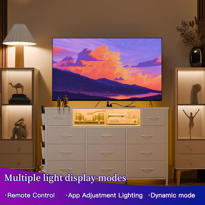 White Dresser for Bedroom with Power Outlets and LED Lights 11 Drawers Dresser with Side Pocket for Kids Bedroom, Fabric Chest of Drawers, for 60Inch TV Long Dresser Storage Organizer