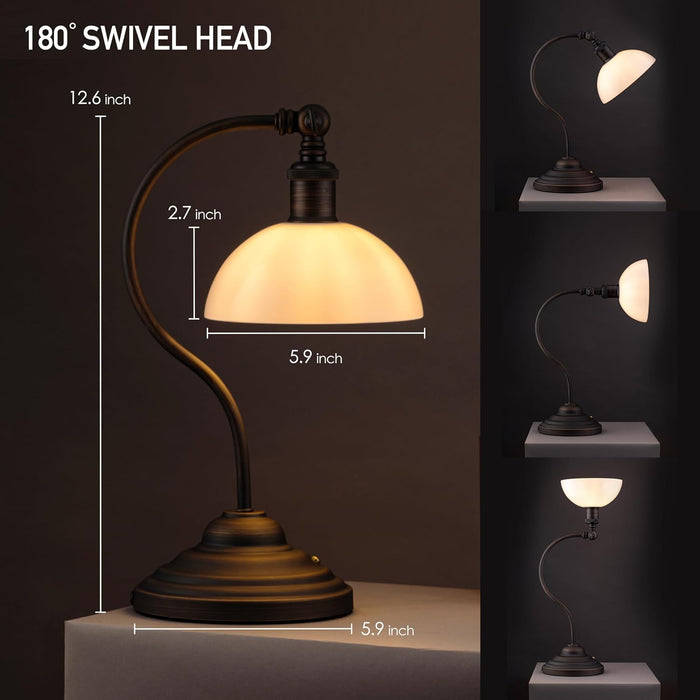 Bankers - Cordless LED Table Lamp, Battery-Operated, Rechargeable, 3-Level Dimming, Universal USB-C Charging, 180° Swivel Head, White Jade Glass Shade, Oil Rubbed Bronze