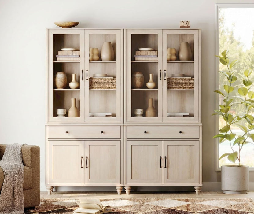 Set of 2 Light Oak Bookcase with Glass Doors & Drawers & Cabinets, 3 Tier Bookshelf, 72'' Tall Book Case Shelf, Large Wood Bookcases Farmhouse Bookshelves for Living Room Home Office Kitchen