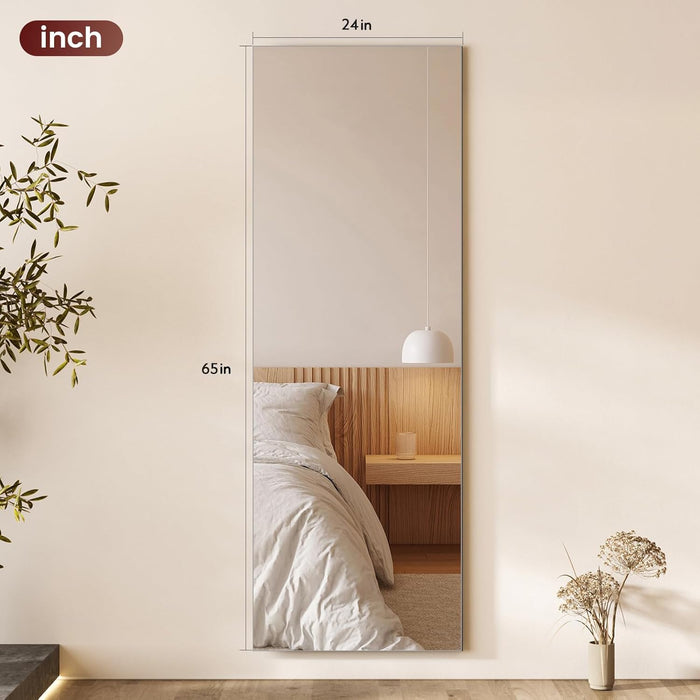 65X24 Frameless Full Length Silver Coating Mirror W/Distortion Free, HD Reflection &Anti Desilvering, Tempered Glass & Shatter Proof Film Doubling Safety, Easy Setup W/Stand, Wall/Standing