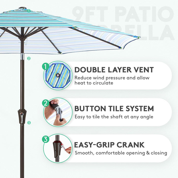 9FT Outdoor Patio Umbrella Outdoor Table Umbrella with Push Button Tilt and Crank, Market Umbrella 8 Sturdy Ribs UV Protection Waterproof for Garden, Deck, Backyard, Pool (Blue Green Stripe)