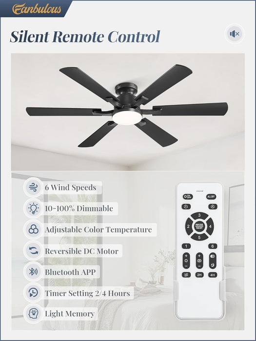 52 Inch Ceiling Fan with Lights, APP & Remote Control, Flush Mount Low Profile Black Ceiling Fan, 3000-6000K Dimmable LED, Quiet Reversible Motor, 6 Blades, 6 Speeds, for Bedroom Living Room