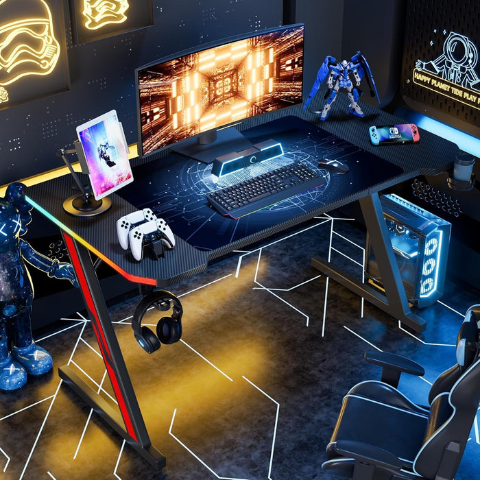 Gaming Computer Desk with Carbon Fiber Surface, Gaming Table Z Shaped Pc Home Office with Cup Holder&Headphone Hook(55 In, Black, Led Light)