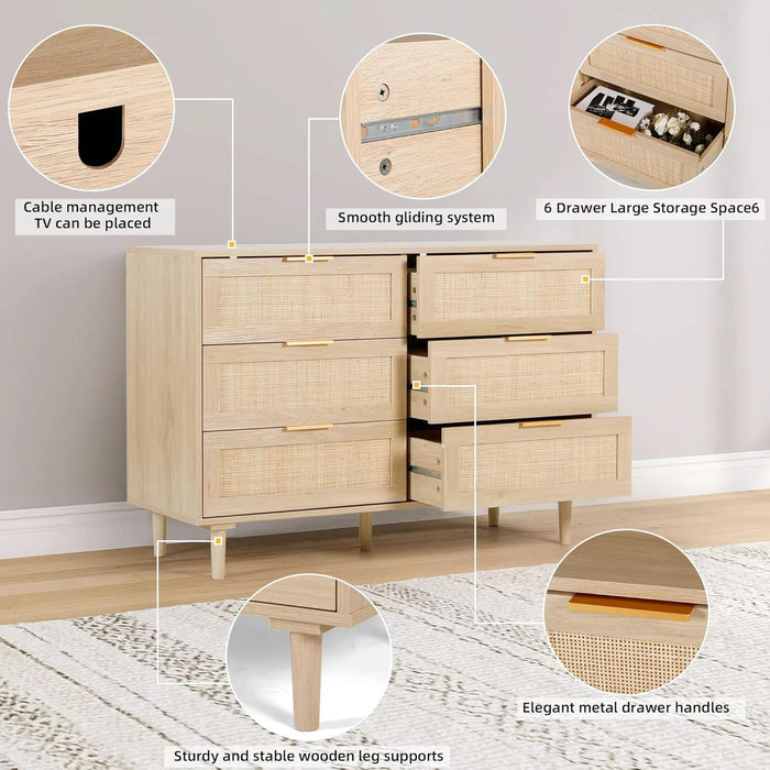 Natural Rattan Dresser with 6 Drawers