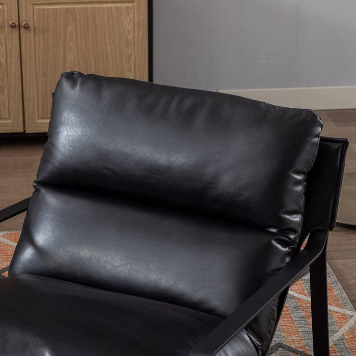 Mid-Century Accent Chair, Comfy PU Leather Side Chair with Armrest, Upholstered Leisure Chair with Black Metal Frame for Living Room Bedroom Reception Room, Black