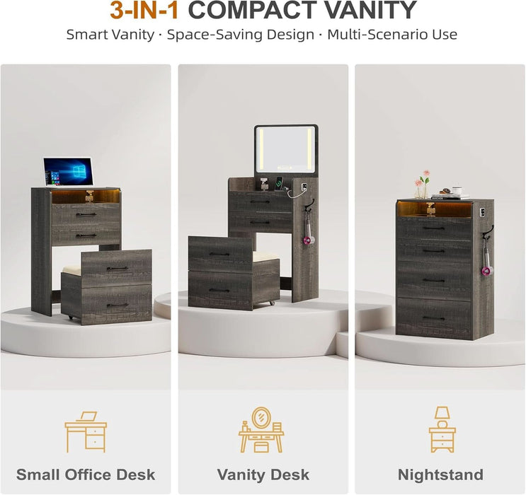 3 in 1 Vanity Desk with Flip Top Mirror and Lights,Glass Top Compact Vanity with 3Drawers &Rolling Stool, Modern Small Makeup Vanity Table W/Charging Station,Bedroom,Rustic Oak